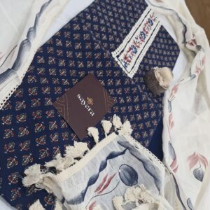 blue ajrakh handblock cotton salwar material with hand brush paint in duppata