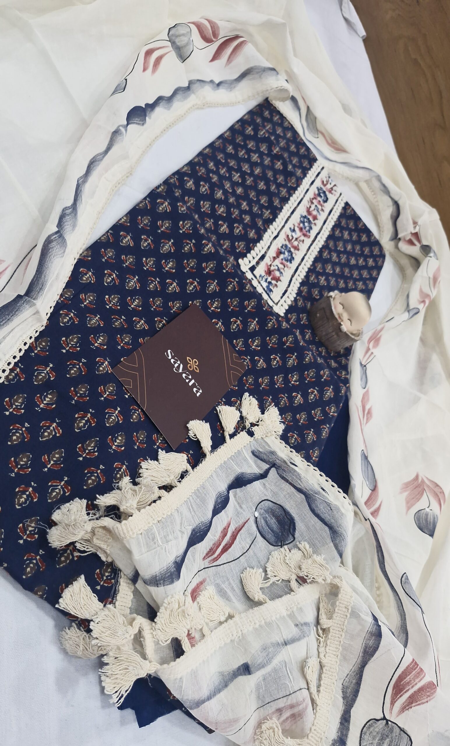 blue ajrakh handblock cotton salwar material with hand brush paint in duppata